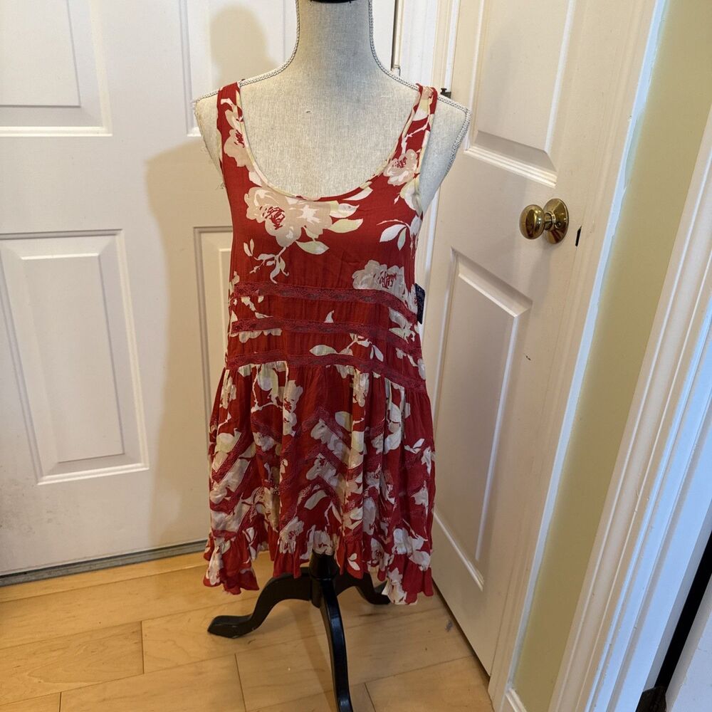 Free People Red Lace Tunic Floral Asymmetrical Ruffles Size XS Womens Tank Dress